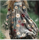 Printed Summer Long-Sleeved Dress Art Retro