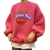Women Fake 2 Pieces Warm Sweatshirt Fall Winter Long Sleeve Fleece Hoodie Strawberry Print Fuzzy Hoody Pullover Kawaii Top