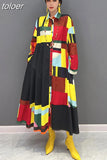 Loose Straight Midi Dresses For Women Lapel Long Sleeve Patchwork Single Breasted Print Casual Dress Female Spring