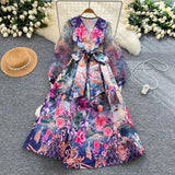 Retro Design Cross V-Neck Yarn Lantern Sleeve Strap To The Belt Print Big Swing Ponve