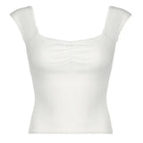Style Small Lace Pleated Square Collar Short-Sleeved T-Shirt Ins Girls Fresh Wear Bare-Back Blouse 2024-Outfit