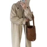 Women Mid Length Wool Coats Splice Korean Jackets Turn Down Collar Full Sleeve Double Breasted Thick Autumn Winter-Outfit