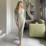 Toloer Sexy Elegant Dress Solid Color Long Sleeve Round Neck Wrap Hip Long Skirt Women's