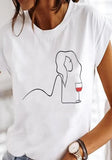 White Casual O-Neck Short Sleeves Print
