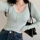 Y2K Lace Trim Patchwork Button Knitted Crop Top Cute Long Sleeve V Neck T-Shirt Korean Chic Harajuku Pullovers Autumn Winter-Outfit