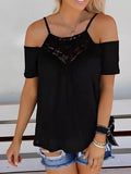 Short Sleeve T-Shirts Lace Splicing Cold Shoulder Blouse Patchwork Solid Color Tops Camisetas Y2k Clothes Tank