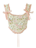 Floral Print Bow Cross Lacing up Back Corset Wood ears Crop Top + High Waist Ribbon Asymmetric Mini Skirt 2 pieces 1 set-Outfit