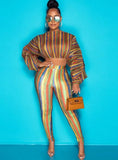 Colorful Striped Puff Sleeve Crop Top and Pants 2pc