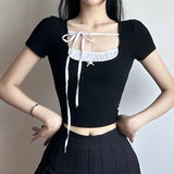 And Spicy Girls With Square Neckties And Bows Knit Short-Sleeved Blouse Girl's Pleated Spliced T-Shirt-Outfit