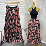 Tight Waist High Waist Crums Sweet A-Shaped Skirt Women's Long Print 100-Fold