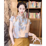 Chinese Style Light National Style Imitation Silk Short-Sleeved Blouse In Summer 2023 New Camellia Printed Retro Pullover Shirt-Outfit