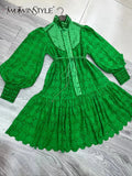 TWOTWINSTYLE Cut Out Solid Mini Dresses Female Stand Collar Long Sleeve High Waist Embroidery Lace Panel Dress For Women