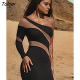 See Through Mesh Dress for Women 2023 Diagonal Collar One Sleeve Sexy Transparent Bodycon Midi Dress Black Beige