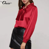 Women Elegant Satin Blouse 2022 Fashion Bow Tie Office Tops Long Sleeve Casual Autumn Slik Shirts Oversized Party