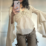 Fabric Splicing With V-Neck Horn Sleeve T-Shirt Woman 2025 Thin New Top
