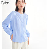 Women Shirts 2023 Spring Bishop Sleeve O Neck Loose Blouse Lace Embroidery White Blue Elegant Chic