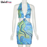 Puss Contrast Low-Neck Women Wild Matching Set Halter Bandage Crop Top And Skirts Summer Sexy Backless Streetwear
