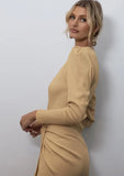Elegant Khaki V Neck Long Sleeve Slit Mini