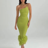 One Shoulder Feather Down Midi Dress For Women Gown Summer New Sleeveless Long Bodycon Clubwear Dress-Outfit