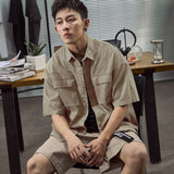 New Retro Tools Pocket Shirt Men's Youth Trend Loose Short-Sleeved Shirt Middle Sleeves-Outfit