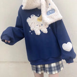 QWEEK Kawaii Doggy Hoodie Women Embroidered Blue Crewneck Sweatshirt Korean Winter 2021 Long Sleeve Cute Top Soft Girl
