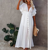 Beach Maxi Dress Women Deep V Neck Backless Ruffles Short Sleeve Dresses Casual Pleated Drawstring Party Long