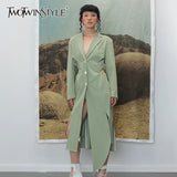 Irregular Split Windbreaker For Female Lapel Collar Long Sleeve High Waist Hollow Out Drawstring Trench Coats