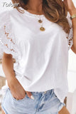 Stitching Short Sleeve T-shirts Summer O-Neck Solid Color White Hollow Out Casual T shirt Women New Splicing Tops