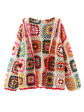 BOHO Colored Plaid Flower Hand Crochet Hooded Cardigan Ethnic Woman Open Stitching Full Sleeve Sweater Beach Short Jumper-Outfit