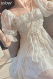Puff Sleeve Lace Fairy Dresses French Korean Japan Style Kawaii Elegant Vintage Chiffon Bodycon Dress Women Clothing
