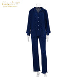 Causal Loose Home Suit Autumn Long Sleeve Blouse With High Wasit Pants Set Women Elegant Pleated Beige 2 Piece Pant