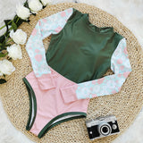 2025 New Swimsuit Solid Color Print Splicing Long-Sleeved Surfsuit Sexy Bareback Swimsuit Woman