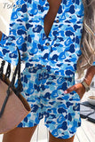 Print Long Sleeve Shirts and Short Pants Set Women Spring Summer New Single Breasted Blouse Pocket Shorts 2 PC