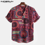 Shirt Ethnic Style Print Short Sleeve Stand Collar Camisa Masculina Casual Tops Streetwear Men Hawaiian Shirts 2021