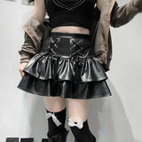 Leather Mini Skirts Punk Style High Waist Lace Up Bandage Black Pleated Skirt Streetwear Girls Dark Academia Clothes-Outfit