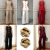 Women's Fashion Gold Buttoned Vest Trousers Two-Piece Casual Suit