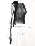 Women 3D Flower Mesh Sheer Tank Ruffles Tassels See Through Crop Tops Sleeveless Spaghetti Strap Camis Y2K Clothes-Outfit