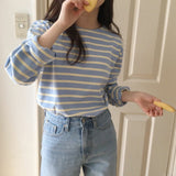 Spring And Autumn Wear Korean Version Of Striped T-Shirt Women's Long Sleeves Loose Leisure Lazy Wind Pure Cotton Student Shirt Trend-Outfit