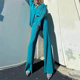Women Two Piece Pleated Pants Suits Casual Chic Solid Color Long Sleeve Shirts Straight Leg Trousers Set Matching Sets New-Outfit