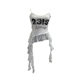 Real Shooting Lace Sling Vest Irregular Ribbon Hot Wear Print Short-Sleeved Top