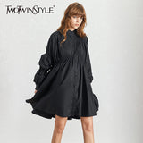 White Drawstring Spring Dress For Women Stand Collar Long Sleeve Casual Loose Dresses Female Fashionable New