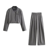 New Women's Loose Casual Long-Sleeved Striped Jacket Top High Waist Wide Leg Trousers