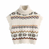 women pullover knitted sweater cropped vest vintage sleeveless reffle trim turtleneck top female chic