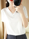 White Satin Top Short Sleeve Women Silk Blouses Vintage T Shirt Summer Solid Gray Satin Blouse Shirts For Women