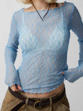 Women Lace Floral T-shirts Crop Tops Long Sleeve Slim Mesh Sheer See Through Tees Shirts Summer Party Streetwear 2023-Outfit