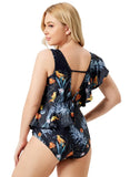 High-Leg Plunge Neck Floral Print Ruffles Plus Size One Piece