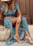 Boho Long Dress for Women V Neck Short Sleeve Paisley Print Belt Large Hem Beach Long Dress Elegant Women's Dress