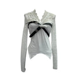 Shooting Babes V-Neck Lace Lace Splicing Belt Long Sleeve Design Irregular Short Bottom Top
