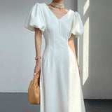 TWOTWINSTYLE Casual Yellow Dress For Women V Neck Puff Sleeve High Waist Solid Minimalist Elegant Midi Dresses Female Summer