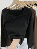 Velvet Bottomed Blouse Women's Autumn And Winter New Design Sense Minority Square Collar Irregular Sanding Western Style Slimming Blouse-Outfit